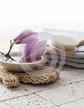 Mineral cup with stones and flower for zen attitude