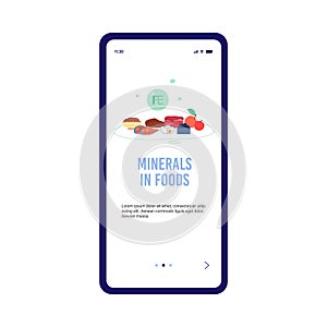 Mineral enriched food for mobile onboarding screen, flat vector illustration.