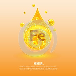 Mineral Fe. Ferrum. Mineral Vitamin complex. Golden drop and golden balls. Health concept. Fe Ferrum