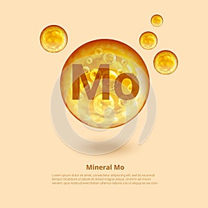 Mineral Mo. Molybdenum. Mineral Vitamin complex. Golden balls. Health concept. Mo Molybdenum