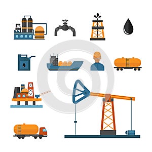 Mineral oil petroleum extraction production transportation factory logistic equipment vector icons illustration