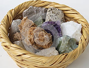 Mineral rocks in a straw basket