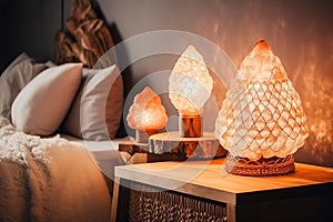 Mineral salt lamps in bedroom. Generate ai