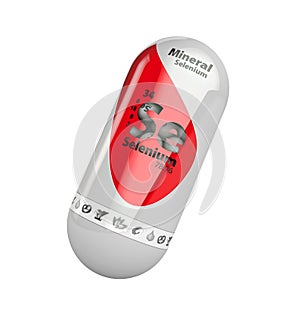 Mineral Se selenium red shining pill capsule icon . Mineral Vitamin complex with Chemical formula . 3d illustration photo