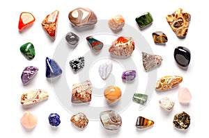 Mineral stones on a white background. The concept of using minerals and crystals in astrology and alternative or
