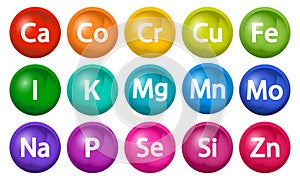 Mineral supplement set. 3d bubbles multivitamin complex. Essential vitamin icons. Calcium Magnesium Zinc Iron Iodine Manganese photo