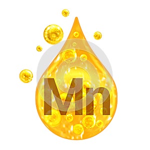 Mineral Vitamin complex. Mineral Mn. Manganese. Golden drop and golden balls Isolated on white background. Health concept. Mn