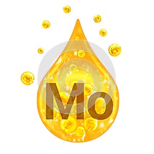 Mineral Vitamin complex. Mineral Mo. Molybdenum. Golden drop and golden balls Isolated on white background. Health concept. Mo