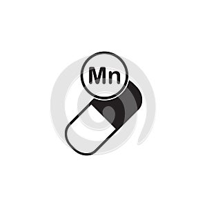 Mineral vitamin Manganum Manganese supplement for health. Capsule with Mn element icon, healthy symbol. Vector illustration