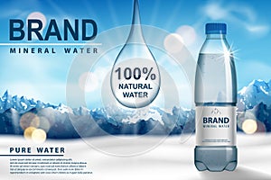 Mineral water ad, plastic bottle with pure mineral liquid on snow with mountain background. Transparent Drinking water