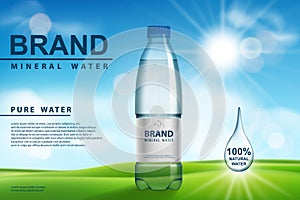 Mineral water ad, plastic bottle with pure mineral liquid on sunny background. Transparent Drinking water Bottle design