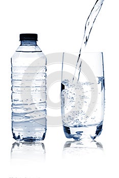 Mineral water in glass and bottle