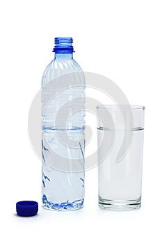 Mineral water in a glass and bottle