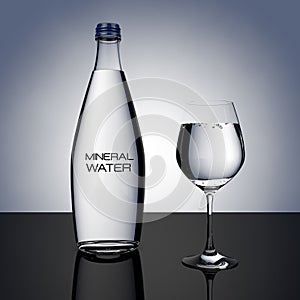 Mineral Water Glass Bottle with Glass. 3d Rendering