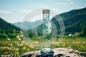 Mineral water in glass bottle on nature background. Generative AI