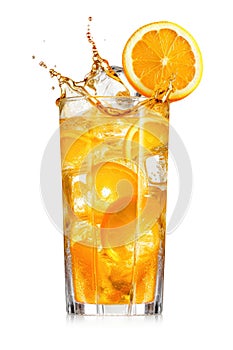 Mineral water in a glass with ice cubes and orange slice isolated as a free-standing image against a white background. Generative