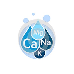Mineral water icon. Blue drops with mineral designations. Simple flat logo template. Healthy water modern emblem idea photo