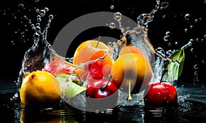 Mineral water splashing on the colorful fruit. Fresh juicy fruit washed by water close up. Black backdrop. Generative AI