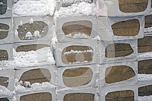 Mineral wool packaged outdoors in winter