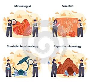 Mineralogist concept set. Professional scientist studying natural stone