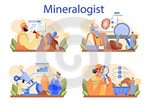 Mineralogist concept set. Professional scientist studying natural stone