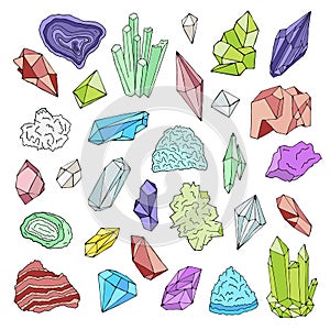 Minerals, crystals, gems Isolated color vector illustration hand drawn set.
