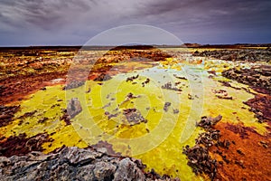 Minerals and sulfuric acid pouring out gives the Dallol its colors photo