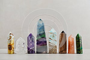 Minerals towers of Fluorite, Smoky Quartz, Amethyst, Crackle Quartz, Aragonite, Amazonite, Emerald, Fire Quartz