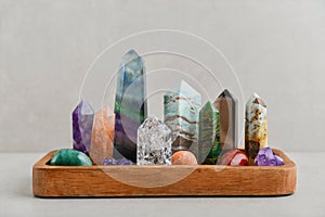 Minerals towers of Fluorite, Smoky Quartz, Amethyst, Crackle Quartz, Aragonite, Amazonite, Emerald, Fire Quartz