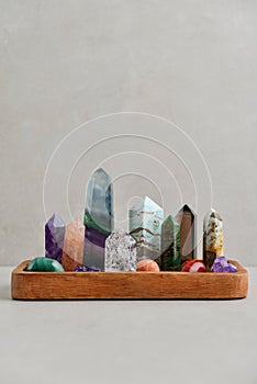 Minerals towers of Fluorite, Smoky Quartz, Amethyst, Crackle Quartz, Aragonite, Amazonite, Emerald, Fire Quartz