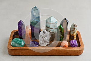 Minerals towers of Fluorite, Smoky Quartz, Amethyst, Crackle Quartz, Aragonite, Amazonite, Emerald, Fire Quartz