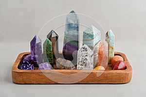 Minerals towers of Fluorite, Smoky Quartz, Amethyst, Crackle Quartz, Aragonite, Amazonite, Emerald, Fire Quartz