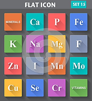 Minerals (Vitamins) Icons set in flat style with l