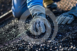 miners gloved hands with pulverized coal texture merge