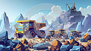 Miners, heavy equipment, and transport at a quarry. Coal dump trucks transport ore to the surface. Cartoon modern