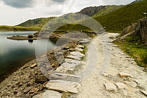 Miners Track crossing bridge at Llyn Llydaw on Snowdon.