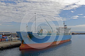 The Minerva Antonia a small Oil Tanker moored alongside the quay at the port of Las Palmas