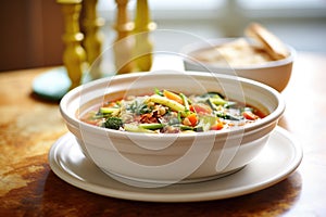 minestrone in bowl with side of crusty bread