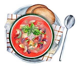 Minestrone italian soup made with vegetables, pasta and beans. Watercolor illustration