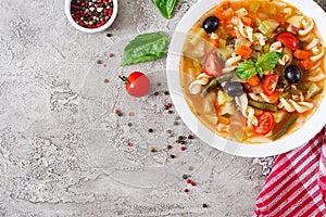 Minestrone, italian vegetable soup with pasta. Vegan food.
