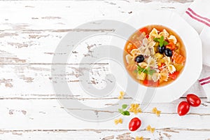 Minestrone, vegetarian soup with pasta and vegetables on white wooden rustic background. Traditional italian food