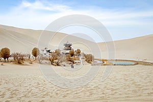 Mingsha shan sand mountain and Crescent moon lake in Dunhuang, Gansu, China