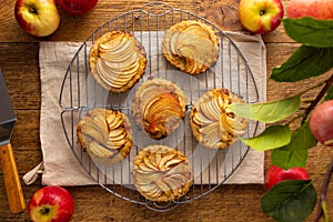 Mini Apple pie tartlets with walnut on wooden table. Delicious dessert for autumn winter dinner.Top view