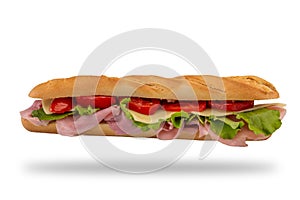 Mini baguette with tomato, salad, cheese and ham