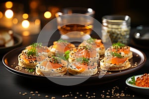 Mini blini pancakes with soft cheese, cold smoked salmon and fresh dill for appetizer platter