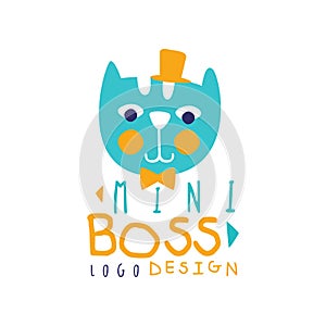 Mini boss logo original design with lettering. Cute label with elegant blue cat with hat. Hand drawn vector illustration