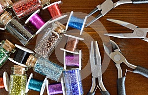 Mini bottles with beads, wire crafts and pliers