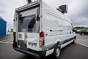 mini broadcasting van, with camera and microphone for newsmakers to give their statements