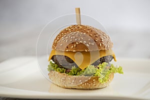 Mini burger with cheese and lettuce with sticks