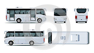 Mini bus mockup. Minibus different view, back side, top and front. 3D car mock up, public micro bus, door and windows